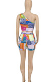 Purple Street Geometric Print Patchwork Oblique Collar Sleeveless Two Pieces