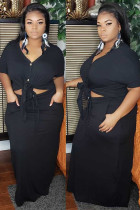 Black Fashion Sexy adult Ma'am V Neck Patchwork Solid Two Piece Suits Stitching Plus Size