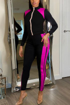 rose red Casual Sportswear Spandex Blends Geometric Patchwork Patchwork Zipper Collar Long Sleeve Regular Sleeve Regular Two Pieces