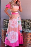 Pink Sexy Print Flounce Off the Shoulder Short Sleeve Two Pieces