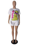 Blue Fashion adult OL Patchwork Print Character Two Piece Suits Straight Short Sleeve Two Pieces
