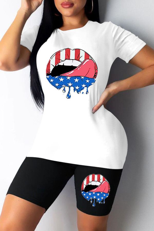White Casual Print Patchwork O Neck Short Sleeve Two Pieces