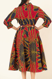Red Casual Print Patchwork Turndown Collar Printed Dress Dresses