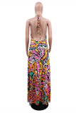 Multicolor Fashion Sexy Print Backless Spaghetti Strap Sleeveless Dress