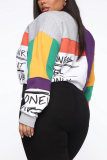 Grey Casual Print Draw String Letter O Neck Plus Size 