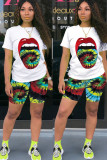 Green Fashion Sexy adult Ma'am O Neck Patchwork Print Tie Dye Two Piece Suits Stitching Plus Size