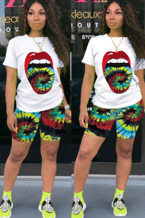 Green Fashion Sexy adult Ma'am O Neck Patchwork Print Tie Dye Two Piece Suits Stitching Plus Size