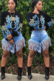 Black O Neck Print Print Long Sleeve Sweats & Hoodies