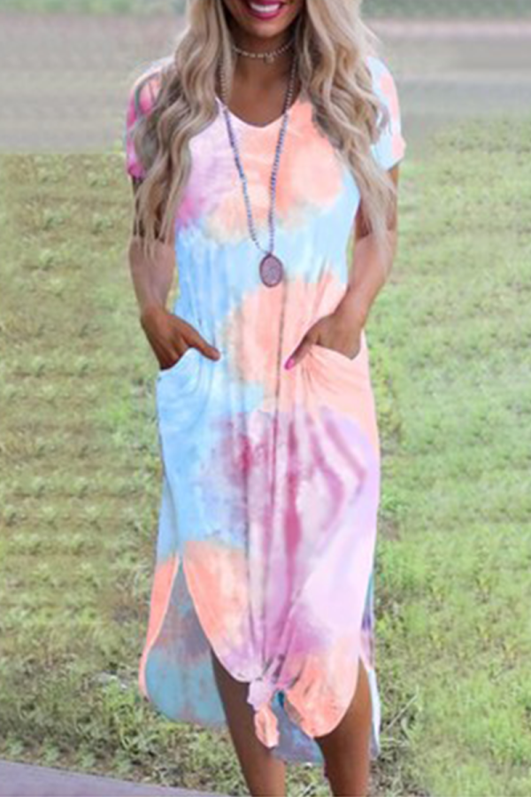 Pink Casual Patchwork Tie-dye V Neck Straight Dresses