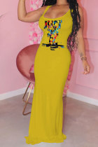 Yellow Fashion adult England White Red Pink Yellow Tank Sleeveless Slip Mermaid Floor-Length Print Patchwork Character Dresses