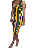 Red Fashion Sexy Red Blue Pink Yellow Wine Red Navy Blue Tank Sleeveless V Neck Hip skirt Knee-Length Striped Dresses