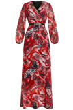 Red Elegant Print Patchwork V Neck Long Sleeve Plus Size Dresses