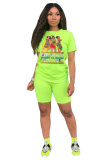 Fluorescent green Fashion Casual adult Letter Patchwork Print Two Piece Suits Straight Short Sleeve Two Pieces