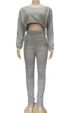 White Fashion British Style Adult Solid Draw String Fold O Neck Long Sleeve Regular Sleeve Short Two Pieces