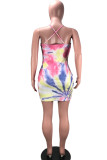 multicolor Sexy Spaghetti Strap Sleeveless Slip Hip skirt skirt Print Club Dresses