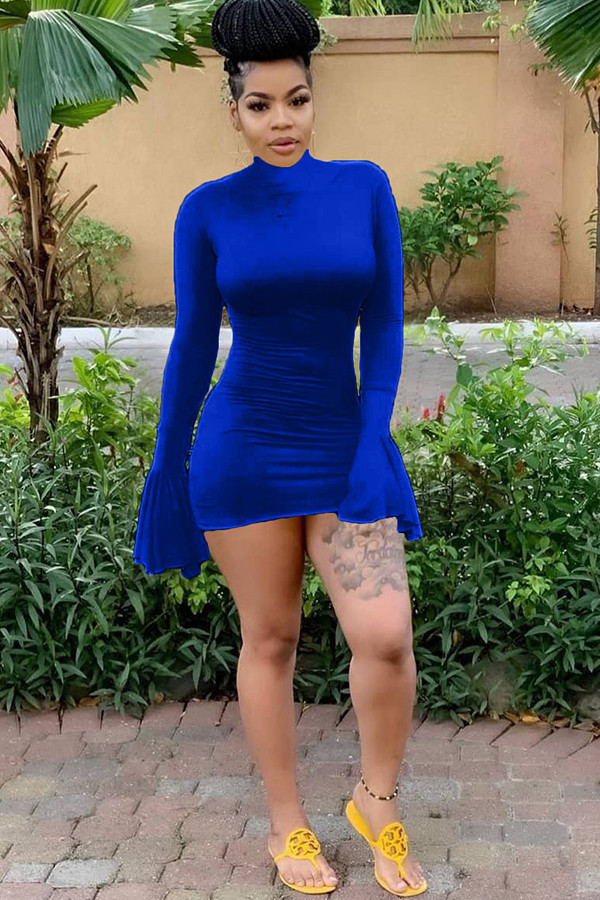 Blue Sexy Bell sleeve Long Sleeves O neck Step Skirt skirt Solid Patchwork stringy selvedge Cl
