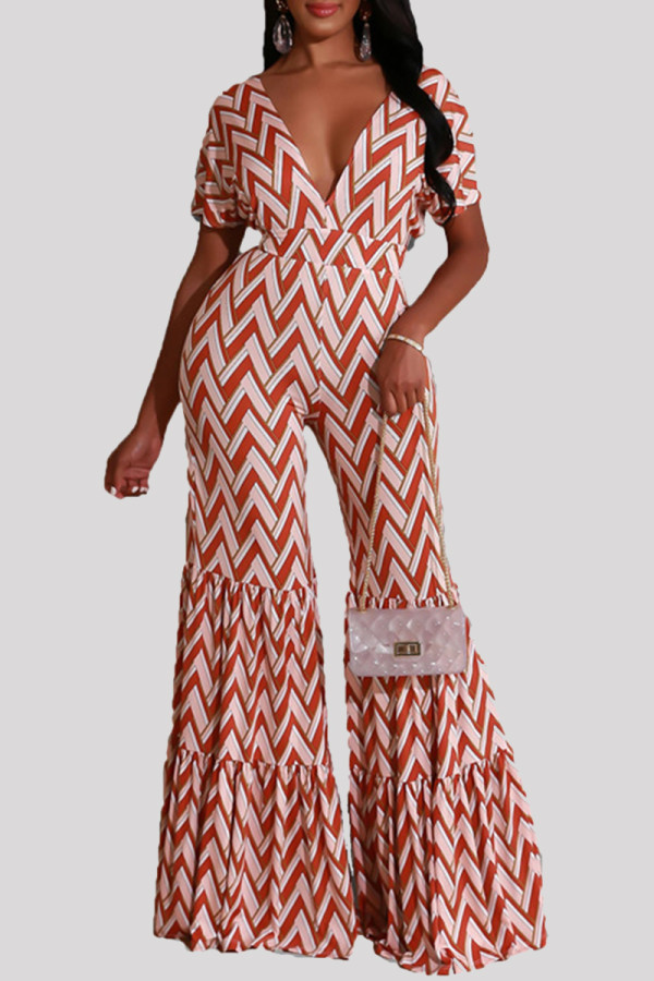 Pink Fashion Casual Print Basic V Neck Regular Jumpsuits