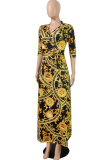 Pink Sexy Print Patchwork V Neck Waist Skirt Dresses