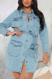 Light Blue Sexy Solid Patchwork Turndown Collar Pencil Skirt Dresses