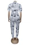 Yellow Fashion Sexy Slim fit Two Piece Suits Geometric Letter asymmetrical Print Skinny Half Slee