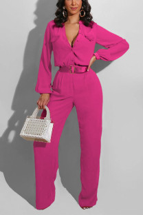 rose red Casual Solid Pocket V Neck Jumpsuits