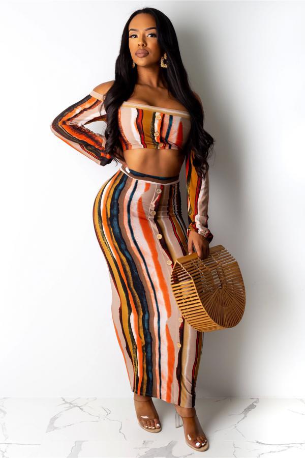 Orange Sexy Fashion Button crop top Slim fit Two Piece Suits asymmetrical Striped Regular Long Sl