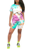 Orange Fashion Active Casual Patchwork Print Tie Dye Straight Short Sleeve Two Pieces