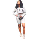 Grey Elastic Fly Mid Letter Loose Pants Two-piece suit