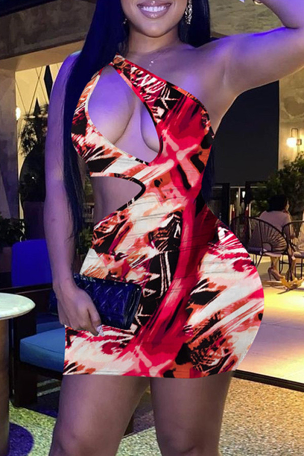 Red Sexy Print Hollowed Out Backless One Shoulder Sleeveless Dress