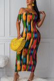 colour England Off The Shoulder Short Sleeves One word collar Pencil Dress Ankle-Length Print backless Dresses