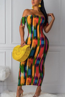 colour England Off The Shoulder Short Sleeves One word collar Pencil Dress Ankle-Length Print backless Dresses