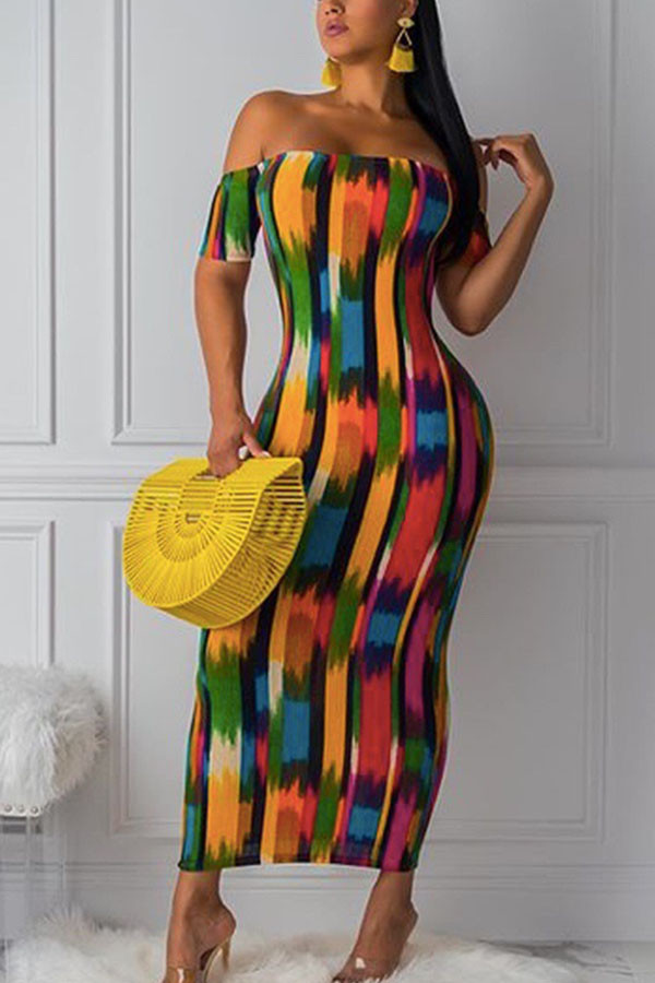 colour England Off The Shoulder Short Sleeves One word collar Pencil Dress Ankle-Length Print backless Dresses