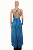 Blue Sexy Casual Print Backless V Neck Sling Dress