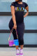 Black Fashion Casual adult Black Cap Sleeve Short Sleeves O neck Step Skirt Mid-Calf Print Patchwork Character hole Dresses