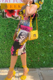 Yellow Street Print Patchwork Spaghetti Strap Pencil Skirt Dresses