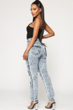 Grey Denim Zipper Fly Button Fly Mid washing Hole Zippered Pocket Skinny Pants Pants