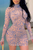 Pink Sexy Print Patchwork Turtleneck Pencil Skirt Dresses