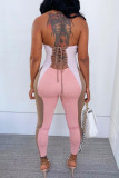 Pink Fashion Sexy Patchwork Bandage Hollowed Out Backless Strapless Skinny Jumpsuits