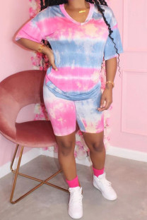 Pink Fashion Sexy adult Patchwork Print Two Piece Suits Straight Short Sleeve Two Pieces
