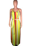 Blue Fashion Street White Blue Orange Yellow Light Blue Dark Blue Spaghetti Strap Sleeveless Slip Swagger Floor-Length Striped Print Dresses