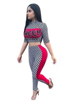 Red Print Plaid Mid Waist Two-piece suit