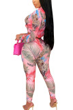 Pink Fashion British Style Adult Print Patchwork Turndown Collar Long Sleeve Regular Sleeve Regular Two Pieces