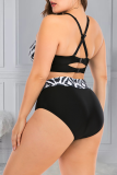 Black Sexy Print Hollowed Out O Neck Plus Size Swimwear
