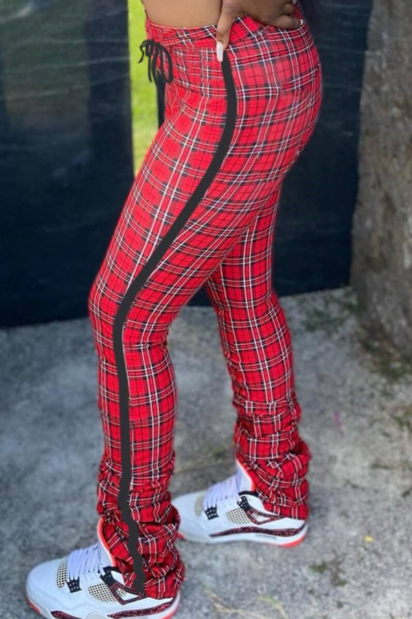 Red Fashion Casual Plaid Print Regular Mid Waist Trousers