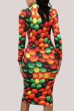 Yellow Fashion Casual Adult Print Patchwork O Neck Long Sleeve Knee Length A Line Dresses
