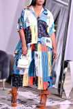 Colour Fashion Casual Print Asymmetrical Turndown Collar Three Quarter Two Pieces