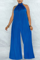 Blue Elegant Solid Patchwork Backless Halter Loose Jumpsuits