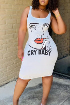 White Sexy White Green Pink Yellow Spaghetti Strap Sleeveless Slip Sheath Knee-Length Print Dresses