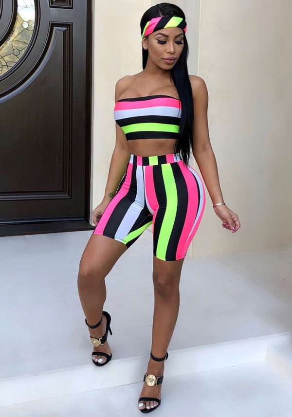 As Show Striped Mid Waist Elastic Waist three-piece suit