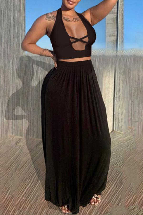 Black Sexy Casual Solid Hollowed Out Backless Halter Sleeveless Two Pieces